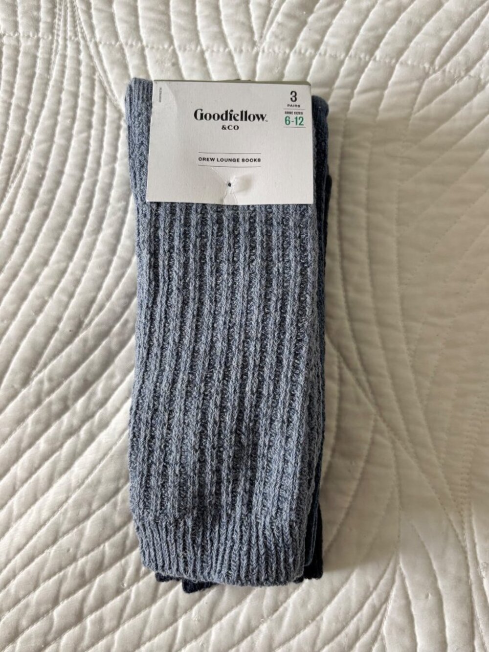 Goodfellow & Co Mens Crew Lounge Socks 3-Pack Size 6-12 Cotton Ribbed Blue/Gray